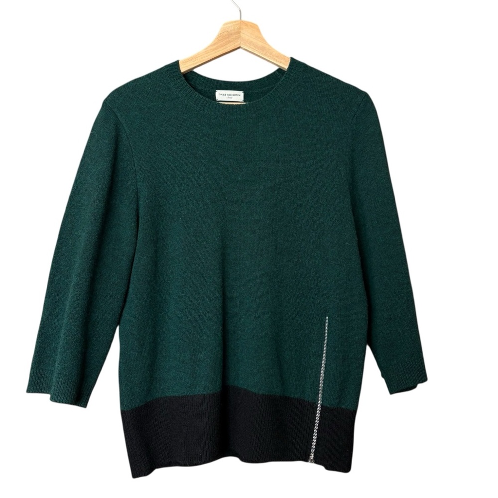 Dries Van Noten Women’s Green Black Zipper Detain Wool Alpaca‎ Cropped Sleeve S